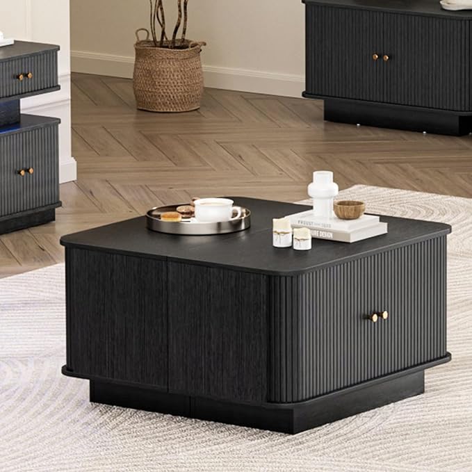 Fluted Shoe Storage Bench, 31" W Small Entryway Bench with Sliding Door, Mud Room Benches with Seat, Upholstered Wooden Rack Organization for Living Room, Apartment, Dorm, Black