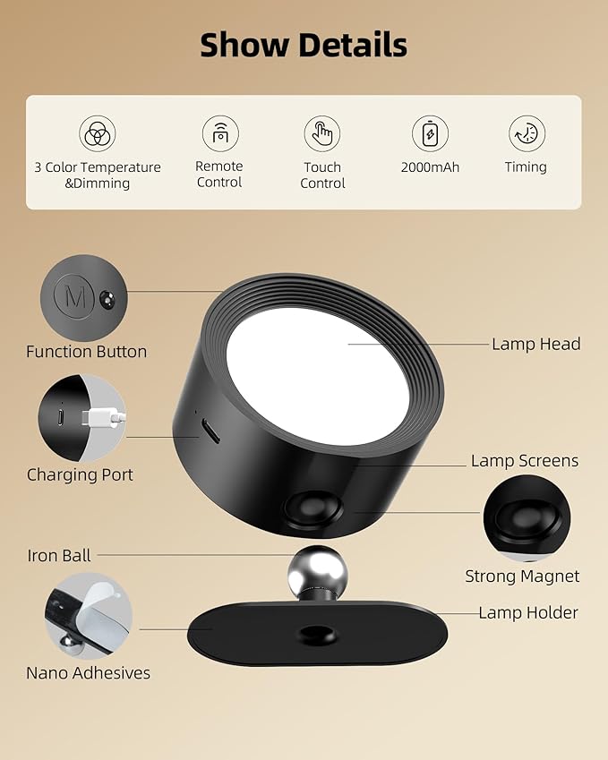 LED Wall Mounted Lights, Rechargeable Wall Sconces with Remote & Touch Control, 3 Color Temperatures 360° Rotation Dimmable Cordless Wall Light for Bedroom Study Reading Bedside (Black, 3 Pack)