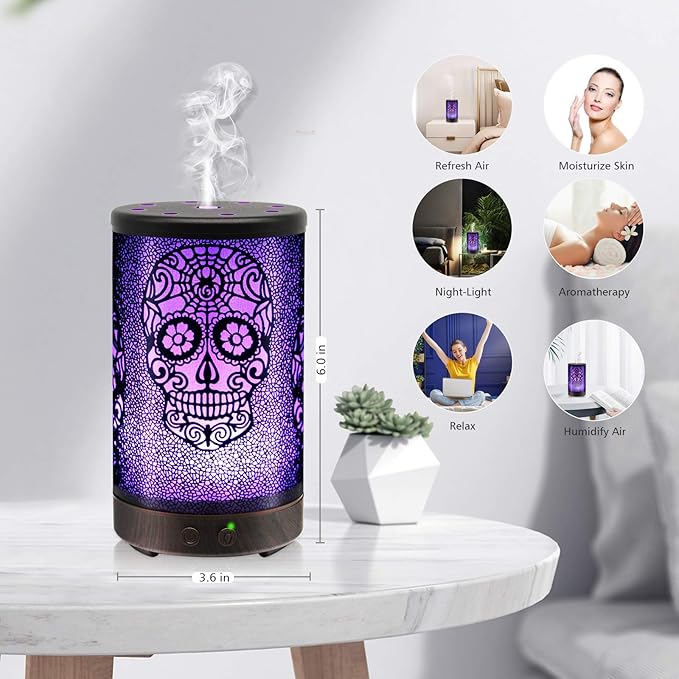 Skull Essential Oil Diffuser, Daroma 100ml Metal Aromatherapy Ultrasonic Cool Mist Humidifier Air Scent Home Office Gift, 7 Colors Changed LED Mood Light, Waterless Auto-Off