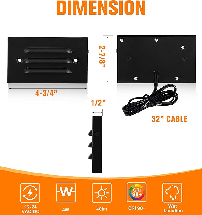 CLOUDY BAY 4 Inch 5CCT 12V 4W Low Voltage LED Step Light with Horizontal Louvered Faceplate for Steps Decks Stairs,Outdoor Stair Lights,Wet Locations,6 Pack,Black