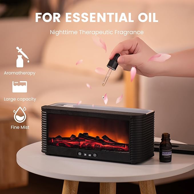 Flame Fireplace Aroma Essential Oil Diffuser, 250ml Ultrasonic Aromatherapy Humidifier with 9 Color LED Lights & Timer, Fireplace-Style Cool Mist Air Diffuser for Home Bedroom Office Yoga