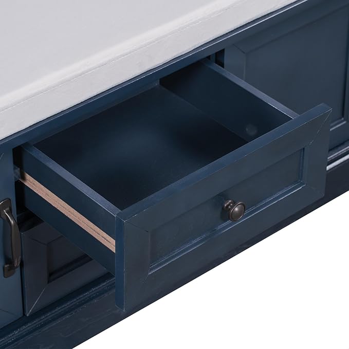 GDFStudio Rustic Storage Bench with 4 Doors 2 Draws Adjustable Shelves Removable Cushion Rectangular Cabinet Foot Rest Stool Solid Wood Shoe Bench Seating for Entryway Living Room, Antique Navy