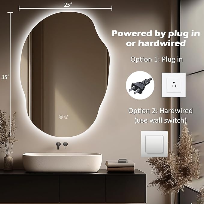 LED Bathroom Mirror with Lights 25x35, Dimmable Irregular Backlit Vanity Mirror with 3 Colors, Anti-Fog, Memory, Al-Alloy Lampshade, Frameless Smart Mirror for Bathroom (Horizontal/Vertical)