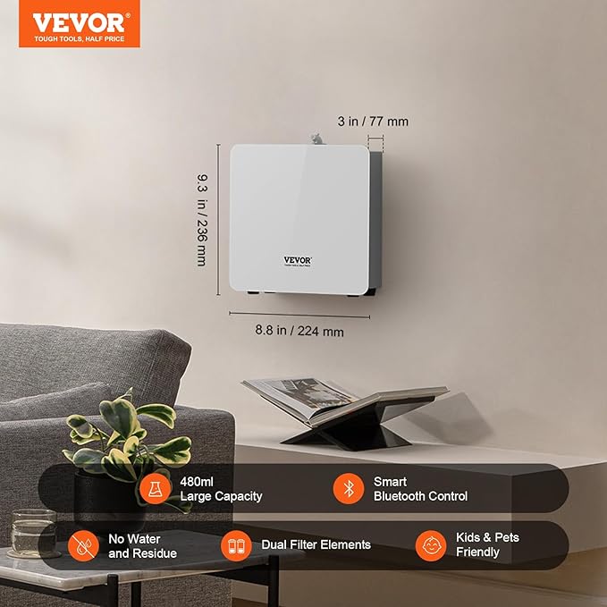 VEVOR Scent Air Machine for Home, 480ml Bluetooth Smart Essential Oil Diffuser with Cold Air Tech, Waterless Scent Diffuser Cover Up to 2500sq.ft for Business Office, Hotel, Spa, Large Room