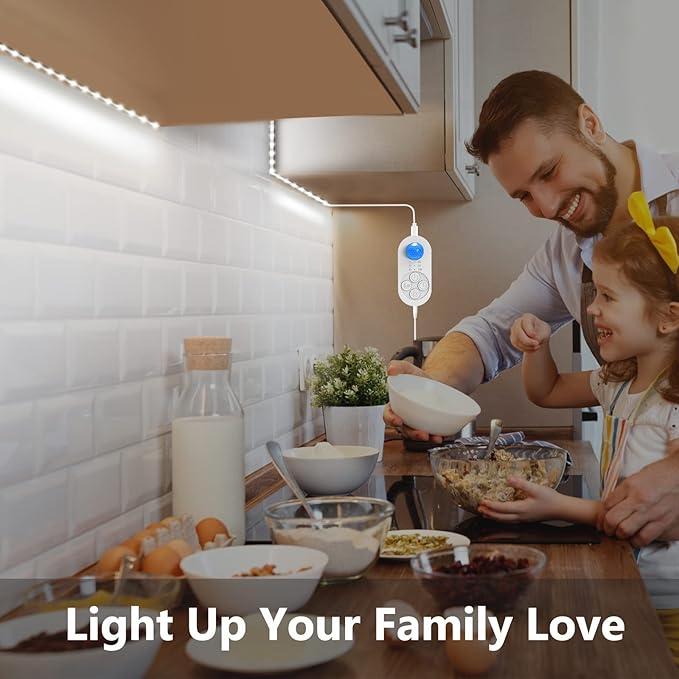 Under Cabinet Lights Plug-in Motion Sensor LED Strip Lights Indoor Cold White 6000K Super Bright 2000lm with 12V Adapter, Dimmer and Timer for Kitchen Cabinet, Shelf, Wardrobe, Stairway…