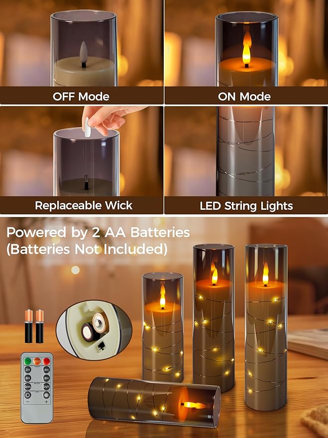 uuffoo 5 Pcs Flameless LED Candles with Timer Remote Flickering Flameless Candles with Embedded Star String, 3D Wick Acrylic Battery Operated LED Pillar Candles for Wedding Party Home Decor