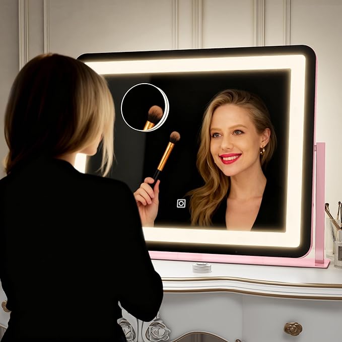ROLOVE 22x16 Inch Pink Vanity Mirror with Lights，Dimmable LED Lights，3 Color Modes, Smart Touch Control，10X Magnification，Light up Makeup Mirror for Desk, Gift for Teen Girls