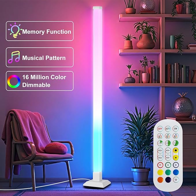 SUPERNIGHT ICRGB Floor Lamp Dimmable, Led Lights 16 Million Colors for Bedroom with Remote, DIY Corner Lights for Gaming Room with Music Sync, Mood Lighting for Living Room