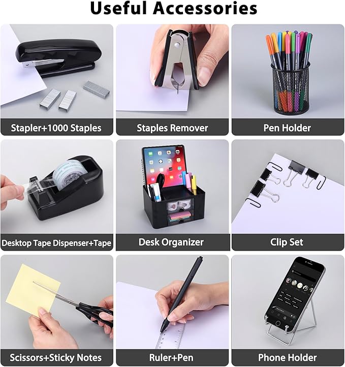 Black Desk Organizers and Accessories 12+1Pcs, Office Supplies for Desk, Pen Organizer with 2 Drawers with Stapler,1000 Staples, Phone Holder, Tape Dispenser, Pen Holder, Sticky Note, Clips, Ruler,Etc