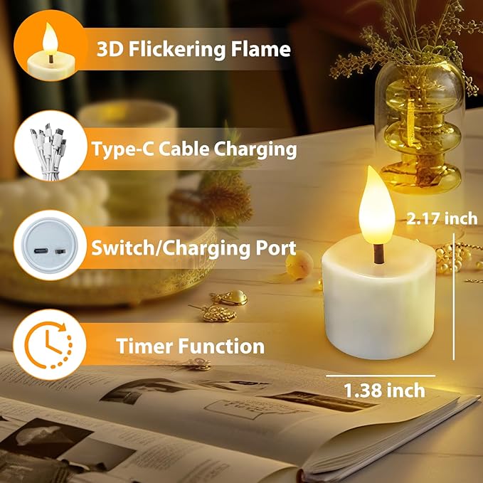 Rechargeable Flickering Flameless Tea Lights, 16 Pcs Fake Electric Remote Control Candles with Timer, Safe & Realistic Flame Effect LED Candles for Party, Wedding, Aniversary, Easter Decor