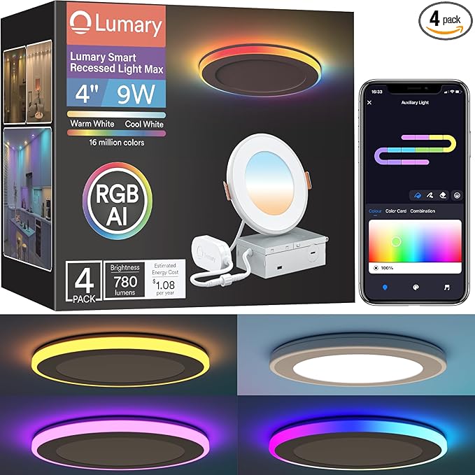 Lumary RGBAI Smart Recessed Lighting 4 Inch with Gradient Accent and Night Ring, 9W 780LM WiFi Canless Wafer Downlight with Junction Box, LED Downlight Work with Alexa/Google Assistant/Siri, 4PCS