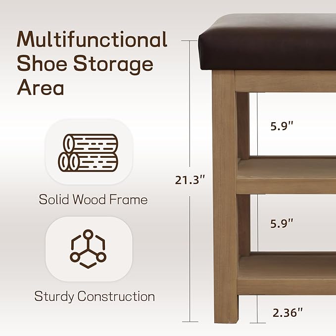 Shoe Rack Bench with Leather Cushion, 2 Tier Solid Wood Storage Bench, Mid-Century Modern Shoe Bench for Entryway, Hallway, Closet, Front Door Entrance, Foyer (Dark Brown, 46.5)