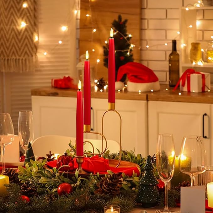 GenSwin Flameless Taper Candles, Set of 3 Red LED Taper Candles Battery Operated with Remote Timer, Real Wax Flameless Candlesticks with 3D Flame for Home Wedding Party Holiday Decor (0.78” x 9.65”)