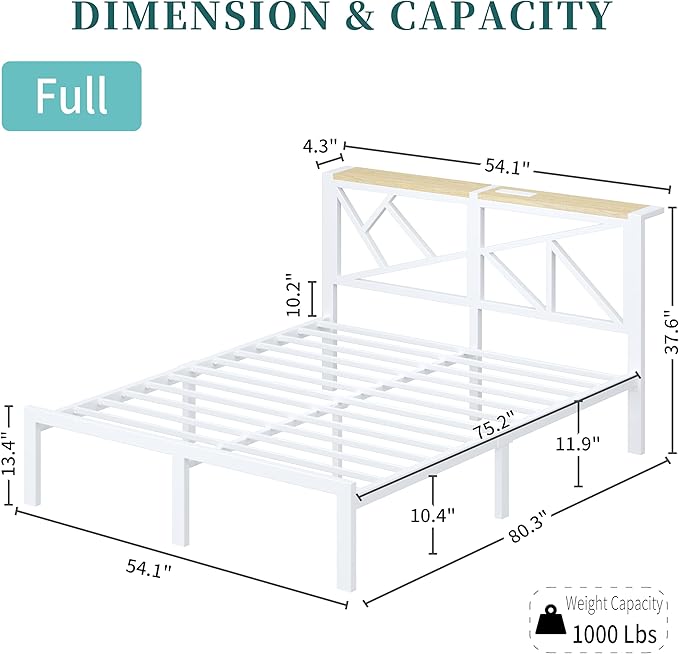 Full White Metal Bed Frame with USB Charging Station, LED Ambient Lighting, and Wooden Storage Headboard - Includes Under-Bed Storage, No Box Spring Needed, Noise Free, Easy to Assemble