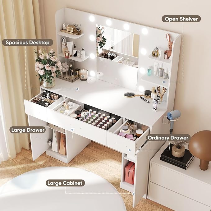 DUMOS Vanity Desk Makeup with Mirror LED Lights, White Table with Power Outlet 3 Drawer, 4 Storage Shelves & 2 Cabinets, 3 Lighting Modes & Adjustable Brightness, Dressing Tables for Bedroom