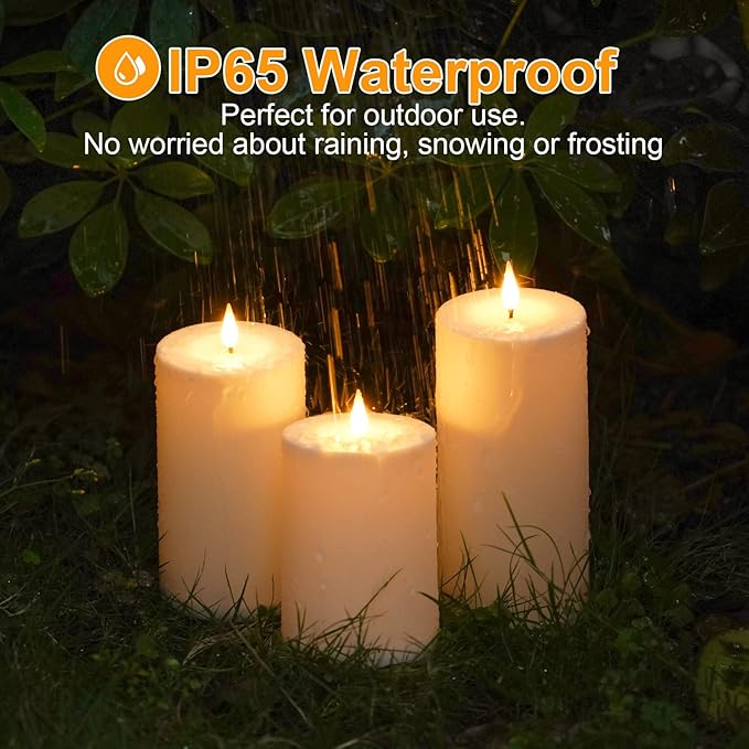 Solar Candles Outdoor Waterproof: Flameless Flickering Pillar LED Candles Set of 3 Dusk to Dawn Rechargeable Sensor Lights 3x4/5/6 Inch White