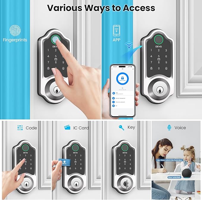 DEVO G8 Smart Lock with Doorbell - 6-in-1 Fingerprint Keyless Entry Deadbolt, Built-in Wi-Fi & APP Control, IP54 Waterproof Auto-Lock for Front Door Security, Easy Install (BHMA Certified)
