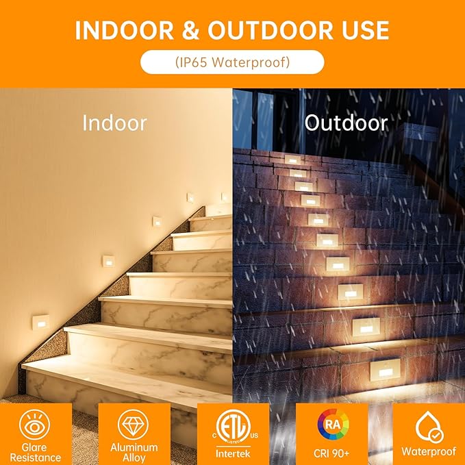 LED Step Lights Indoor Motion Sensor, 4W 300LM 0%-100% Stepless Dimmable 120V Hardwired Stair Lights Outdoor, IP65 Waterproof, 5CCT Staircase Lighting, 2700K/3000K/4000K/5000K/6500K, ETL, 4 Pack
