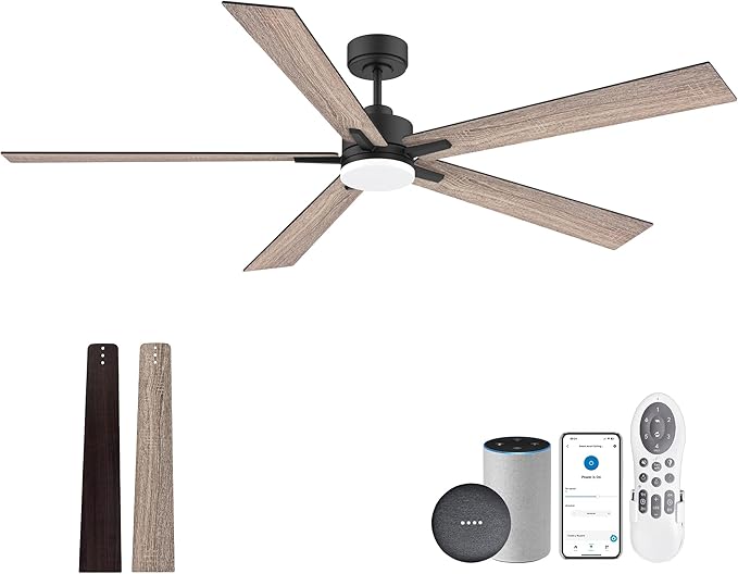 72” Large Smart Ceiling Fan with Lights Remote,Silent DC Motor,Control via WIFI Alexa Google App,Outdoor Indoor Modern Ceiling Fans for Living Room Kitchen Patio,Dimmable,5 Blades in Black&Walnut
