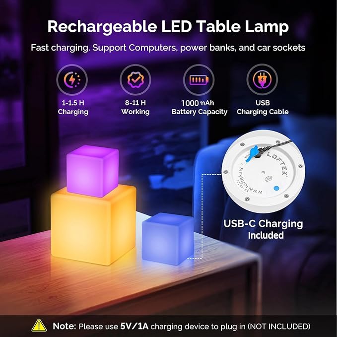 LOFTEK 7-inch LED Cube Lights, Rechargeable RGB 16 Colors Tesseract Cube, Cordless with Remote Control, IP65 Waterproof Pool Lights, Dimming Nursery Night Lights, Bedside Mood Lamp for Kids, Gift