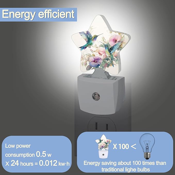Hummingbird Bird Floral Night Lights Plug Into Wall,Vintage Flower Star Night Light for Kids,Nightlight with Dusk to Dawn Smart Sensor for Bedroom Bathroom Decor,Children Women Men Gift