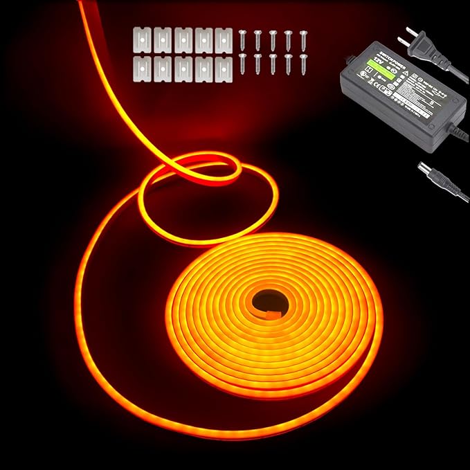 Orange Neon LED Strip Light, 16.4ft/5M Flexible Rope Light - 12V DC, 600 LEDs, Waterproof for Indoor & Outdoor Home Decor (Include Power Adapter)