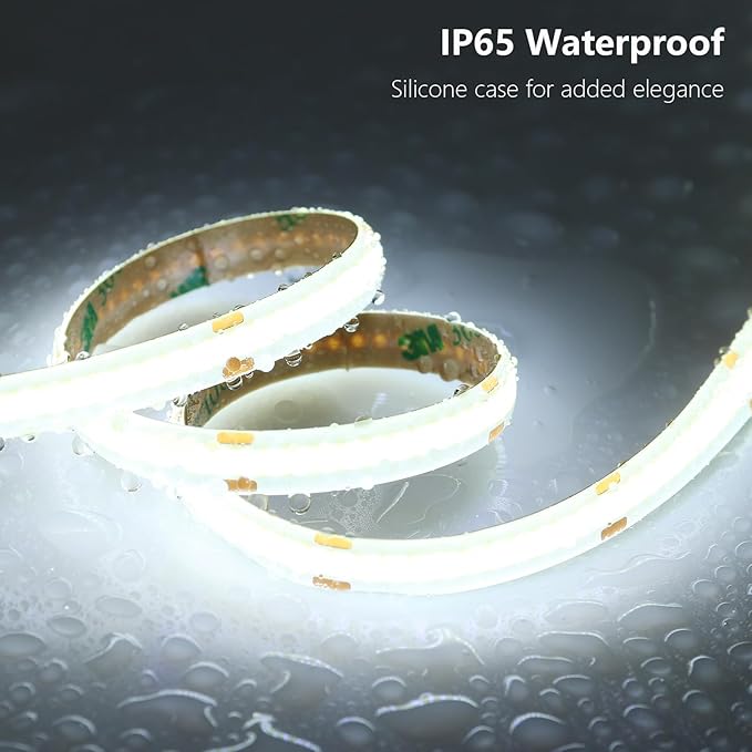24V COB LED Strip Light Outdoor Waterproof 65.6ft (2 Rolls of 32.8ft), 6000K Cool White 11W/M 312LEDs/M CRI 93 LED Tape Light with Power Supply for Bedroom Courtyard Living Room Ceiling