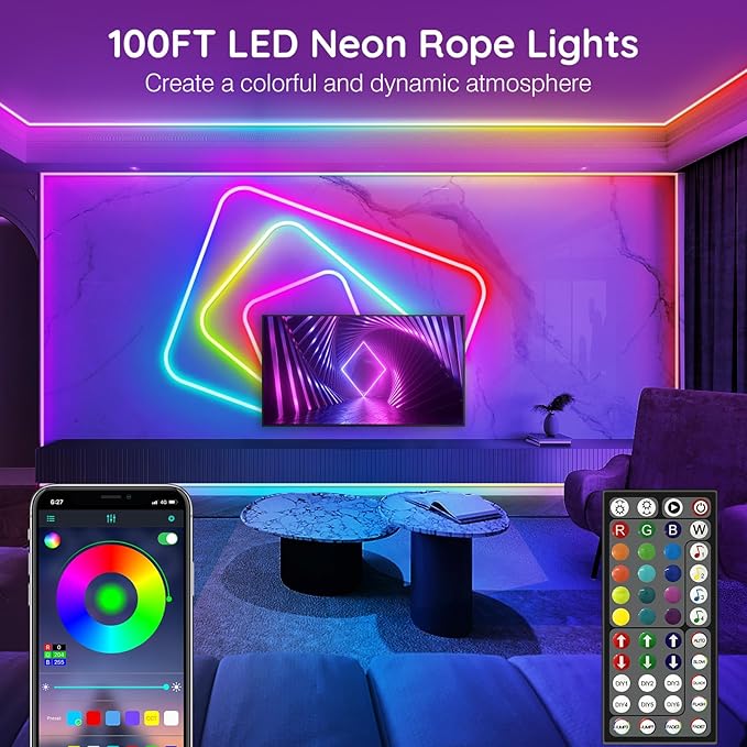 32.8Ft Neon Rope Lights,Flexible Led Rope Lights Control with App/Remote,Multiple Modes RopeLights,IP65 Outdoor RGB Led Neon Lights NonWater Resistant,Music Sync Gaming Led NeonLight Strip (100FT)