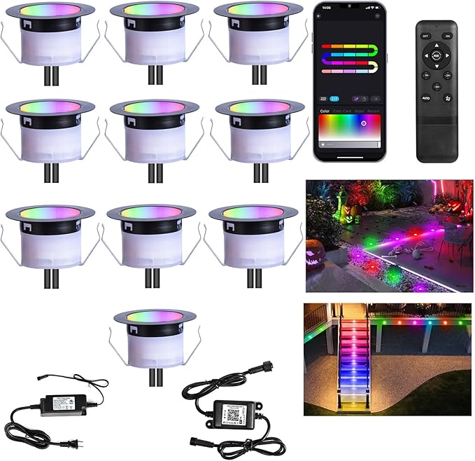 Sumaote Recessed Smart Deck Lights Kit, 10 Pack Ø 1.77" RGBW+IC Multicolor Dynamic Low Voltage Landscape Lights IP67 Waterproof Outdoor for Garden Yard Path Ground Stairs