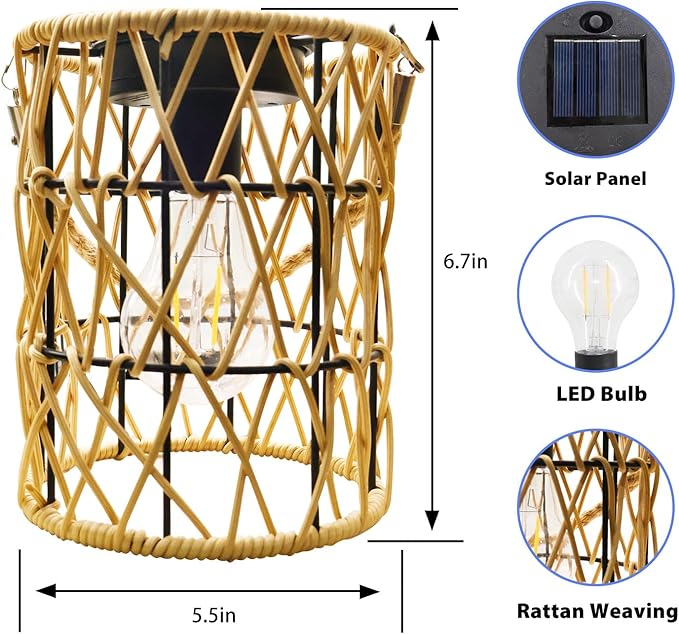 Hanging Solar Lanterns Outdoor Waterproof, 2 Pack Rattan Solar Hanging Lights, Outdoor Lamp Decorations for Yard Garden Pathway Patio Pathway Proch Table Decor