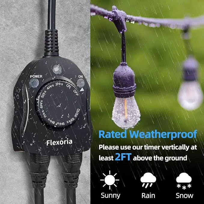 Outdoor Timer Outlet Waterproof, Dusk to Dawn Light Sensor Timer, 2 Grounded Electrical Outlets for Outdoor Lights, 15A/1875W, ETL Listed (2 Packs)