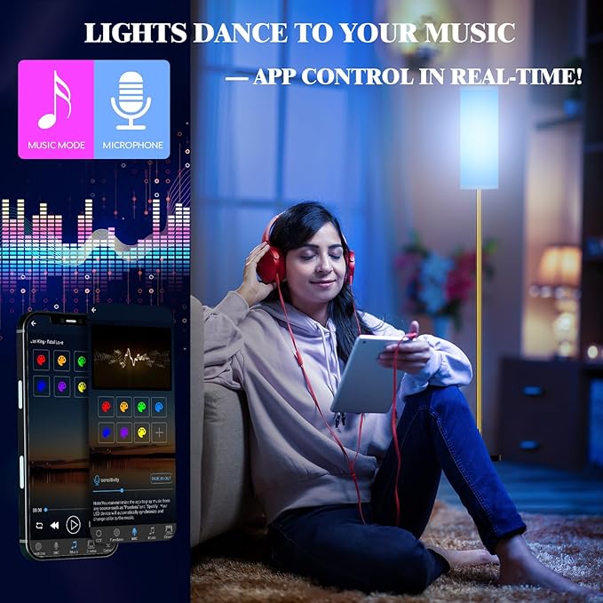 Smart LED Floor Lamp with APP Control & RGB Colors - Dimmable Standing Lamp for Living Room, Bedroom, Gaming - Remote, Timer, 9W Bulb Included, 67" Modern Tall Lamp (Gold)