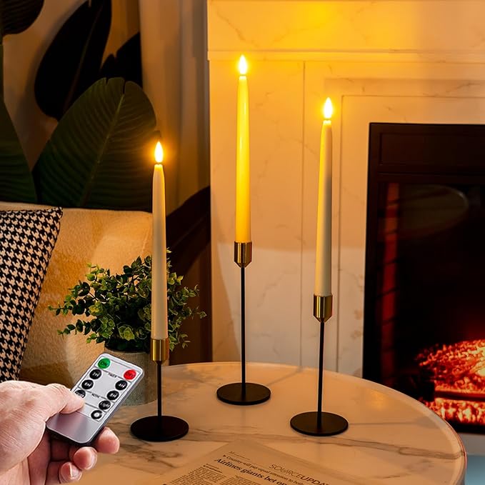 Homemory 11 inches Waxy Flameless Taper Candles with Remote Timer Dimmer, 2 Pcs Battery Operated Taper Candles with Flickering Flame, Ivory LED Candlesticks for Wedding, Christmas Indoor Decoration