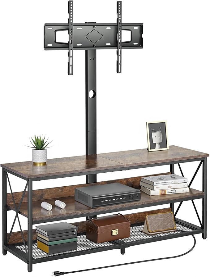 VEVOR 48" TV Stand with Mount for up to 75 in TVs, Entertainment Center with Power Outlet, Height Adjustable TV Console with Mount with 3 Tiers Open Storage Cabinets for Bedroom, Living Room, Browm