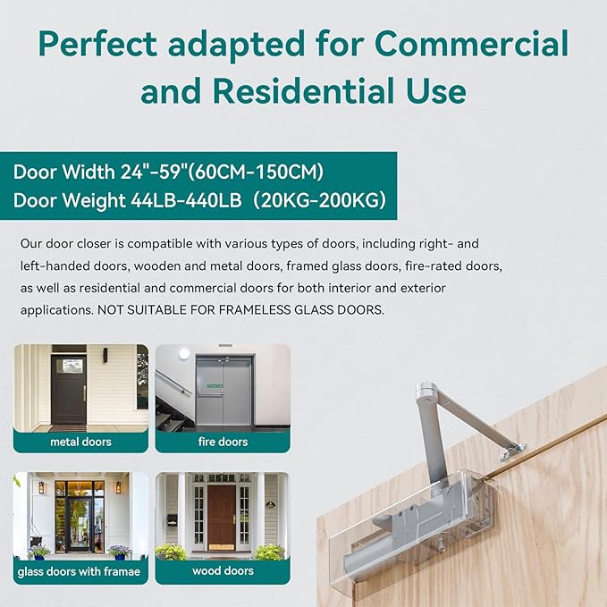 Automatic Door Closer, Adjustable Self Closing, Backcheck, Delayed, ADA Compliant, UL 3 Hour Fire Rated, Grade 1 Extra Heavy Duty, 2 Million Cycles, Residential & Commercial, Sliver Aluminum