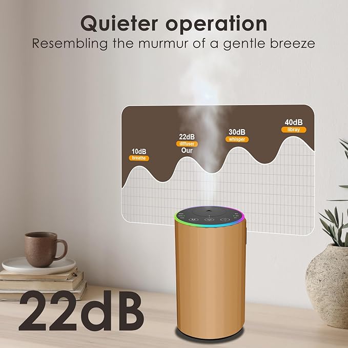 Waterless Essential Oil Diffuser, 7 Colors LED Light, Battery Powered Mini Scent Air Machine, Aromatherapy Mist Diffuser for Home Room Car Office，Black Aluminum Alloy (Gold)