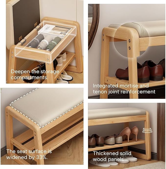 Shoe Rack Bench with Flip-Top Storage, Solid Rubberwood 2-Tier Shoe Organizer with Cushion, Wooden Shoe Stand for Entryway, Mudroom, Hallway, Closet, Front Door Entrance, Foyer,31.5in