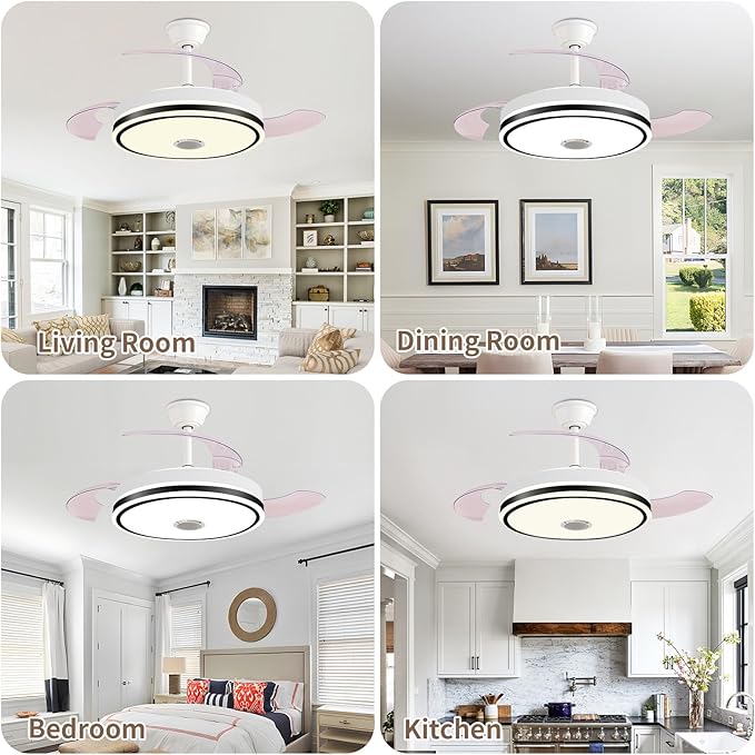 42'' Retractable Hanging Fan with Lights, Smart Fan Light with Bluetooth Speaker, App Control for Dimming & RGB Color Change Reversible Bedroom Living