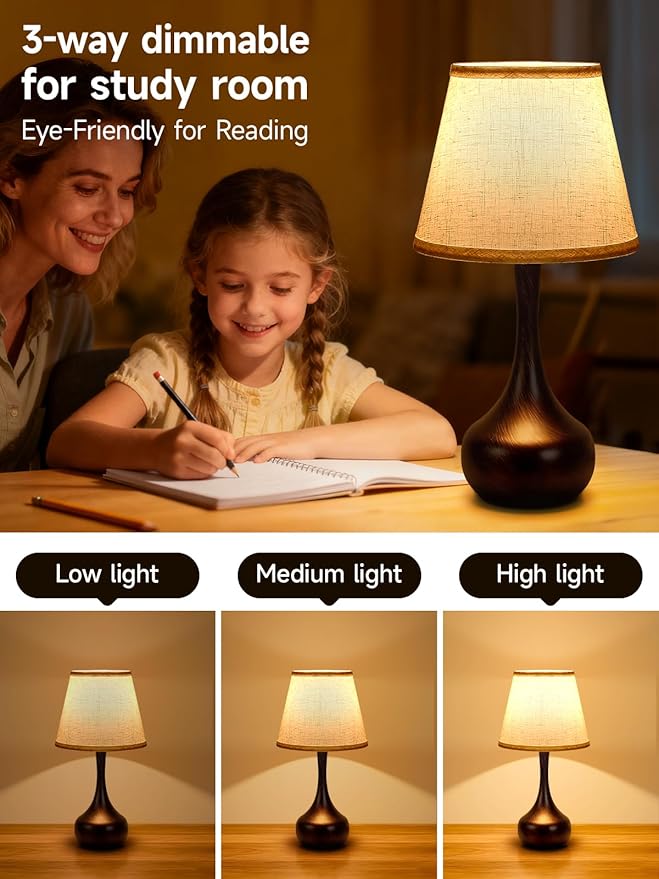 Touch Table Lamp for Bedroom Set of 2, Farmhouse 3-Way Dimmable Bedside Lamps for Nightstand with Fabric Shade, Lamps for Living Room，Desk Lamps for Home Office, Black Lamp for Bedroom