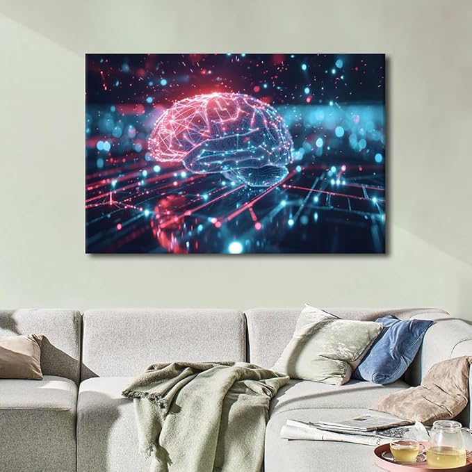 Digital Human Brain Canvas Printing Futuristic Technology Wall Art for Living Room AI Artwork Wall Art Artificial Intelligence Picture Frames Collage Wall Decor Canvas Artwork House 24"Wx36"Hx1 Panel