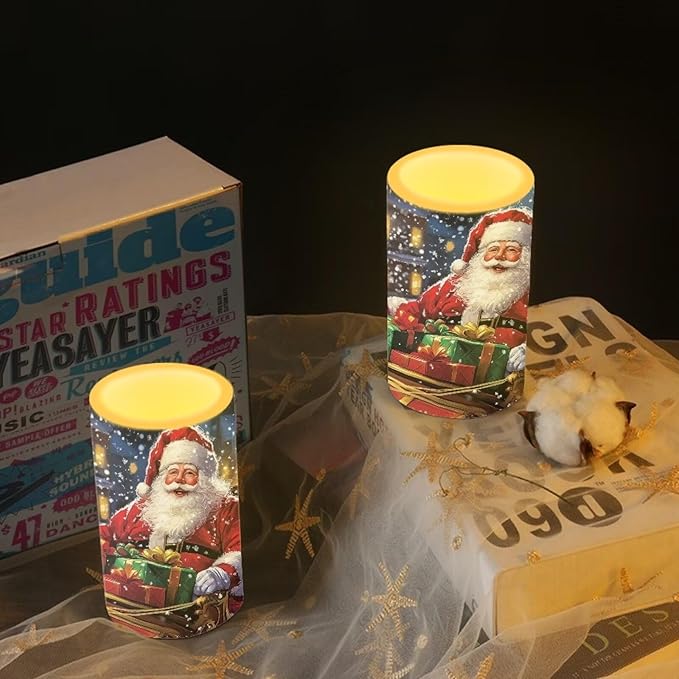 Santa Claus Flickering Flameless Candles Remote Control Candles Christmas Table Decorations for Dining Room Bedroom Home Indoor Table Festive Xmas LED Pillar Candles
