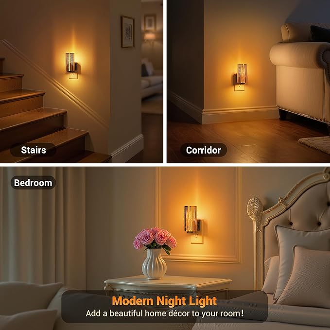 JandCase Night Lights Plug into Wall, Pretty Nightlight with Metal Shade, 3000K Warm White 0-100LM Adjustable Brightness, Flames Flickering Night Light for Bathroom Hallway Bedroom