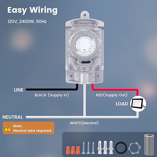 SURAIELEC 20 AMP 24 Hour Mechanical Timer Switch for Outdoor Electrical Boxes, 120V Power Control, for Waterproof Junction Box, RV Outlet, Driveway, Pool Light, Security System, Holiday Decorations