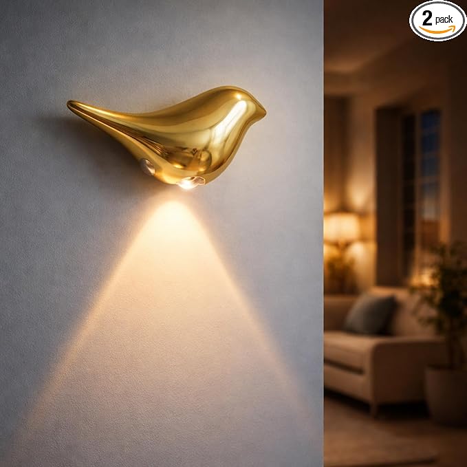 Golden Motion Sensor Night Light Indoor, Magnetic Wall Lamp, Rechargeable LED Bird Lamp, Wireless Stick On Light with Warm Soft Glow, Auto On/Off for Bedroom, Hallway, Stairs