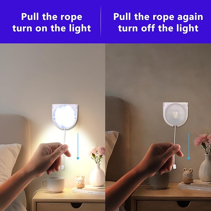 Stick-Up Light Bulb for Closet, 2Pack Battery Operated LED Light Bulb with Pull Chain, Wireless Self Adhesive Wall Mounted Lamp Fixtures for Cabinet Bedroom Living Room Kitchen, Clear Cover