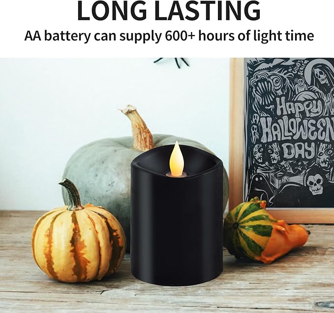 3x4 Flickering Flameless Candles Set of 1, 2AA Battery Life 600 Hours Battery Candles Flickering with Timer,4 inch Flameless Candles with Remote for Home Wedding Party Halloween Decoration, Black