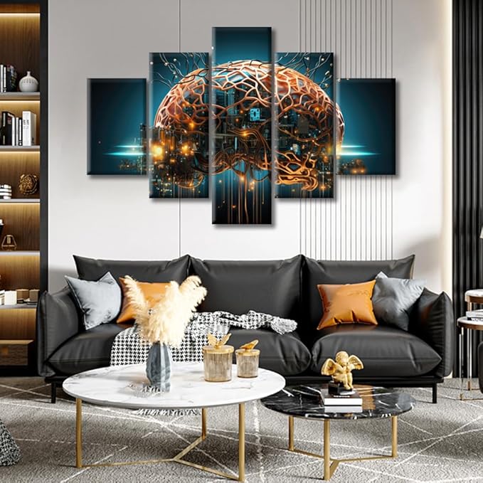 5 Panel Wall Art Robot Brain Painting Print On Canvas Brain Nervous System Pictures for Bedroom Home Decor Smart Brain Modern Artwork Paintings Frame Ready to Hang, (60"Wx40"H)
