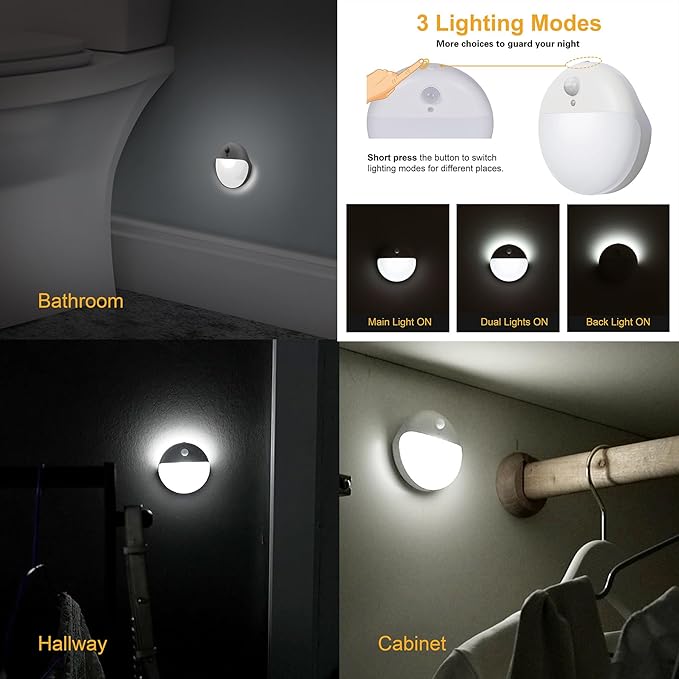 2 Pack Battery Night Light, Toilet Lights, 2.6" Small Motion Senor Light, Stick on Lights, 3 Light Modes, Dimmable LED Nightlight for Closet, Stairs, Garage, Cabinet, Toliet, Daylight White