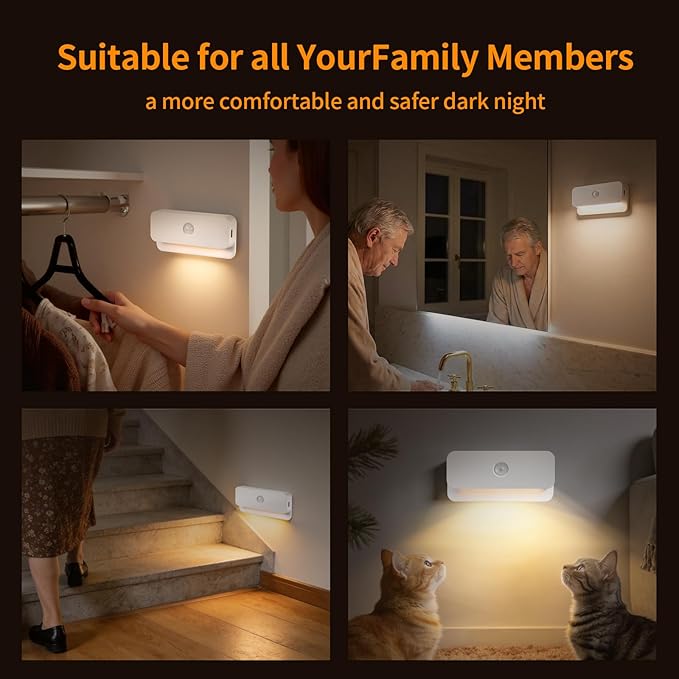 Rechargeable Motion Sensor Night Light 2-Pack,Stair Lights Indoor,Wireless Stick on Anywhere Hallway Lamp/Closet for Bathroom, Bedroom, Kitchen, Cabinet, Stairs, Hallway