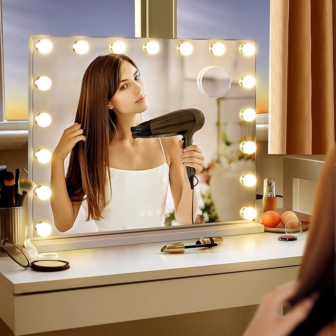 Vanity Mirror with Lights -17 Bulbs, 25" x 21" Large Hollywood Vanity Mirror, 10X Magnifying, 3 Colors Modes, Touch Control Mirror with Lights, Tabletop or Wall-Mounted, USB Charging Port
